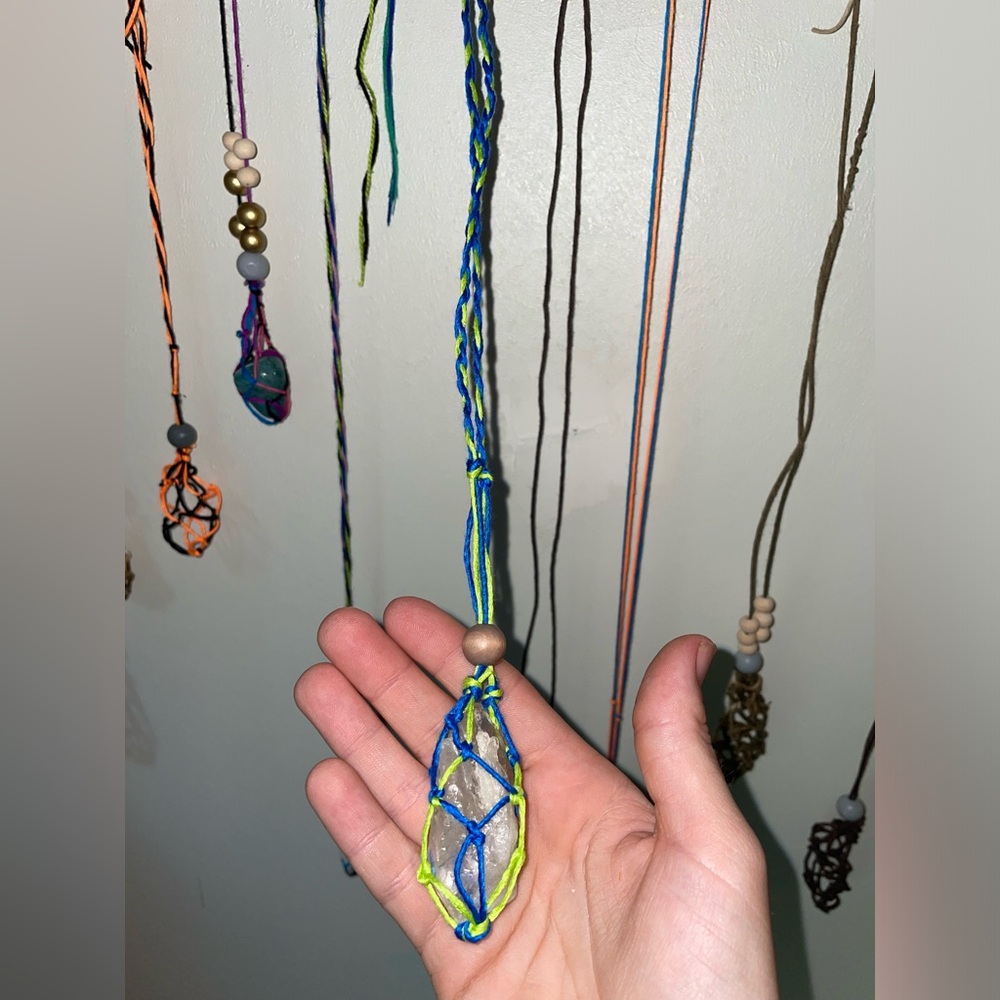 Homemade blue and green interchangeable crystal holder necklace
